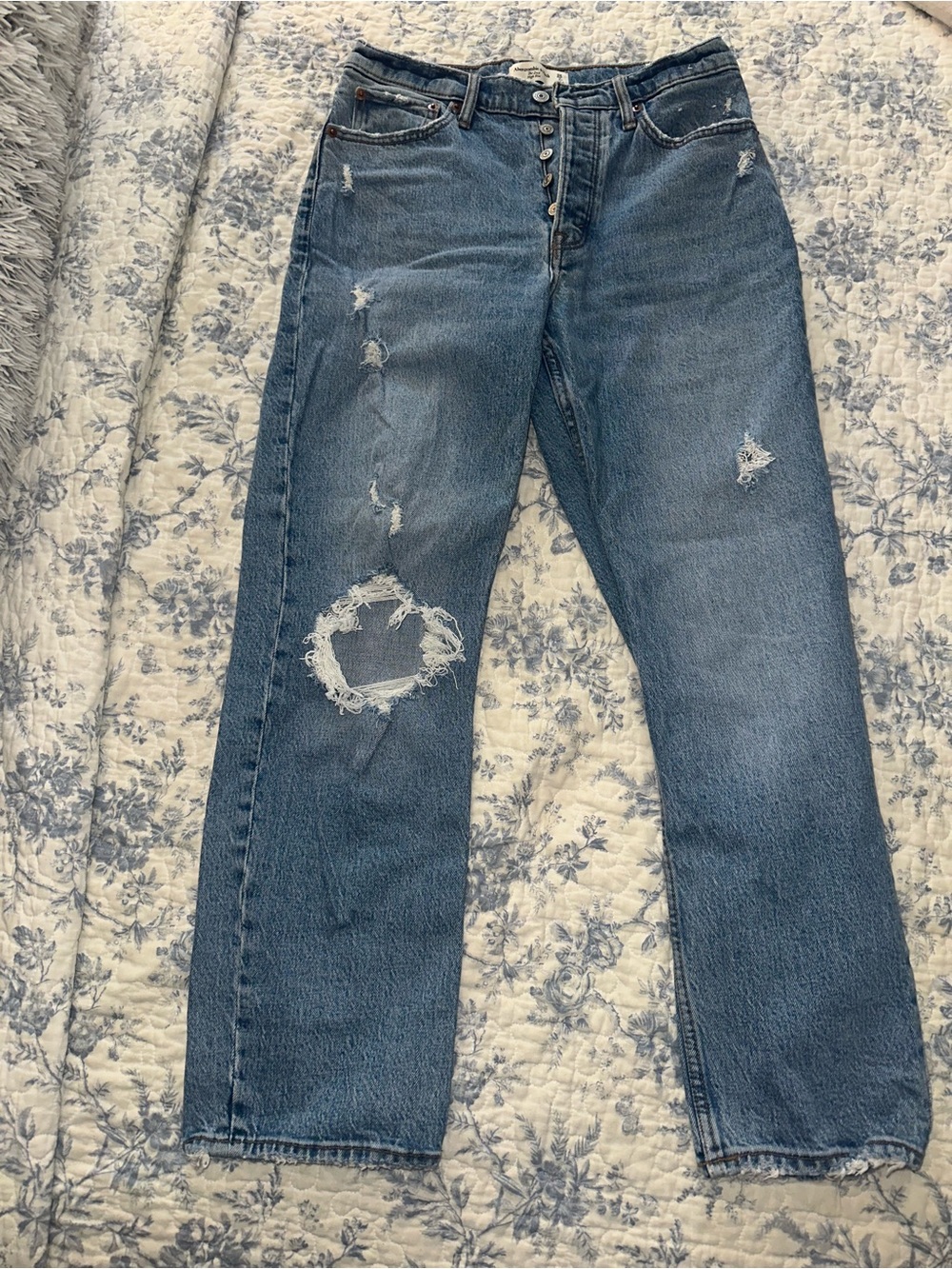 Distressed Abercrombie High-Rise Button-Fly Blue Jeans